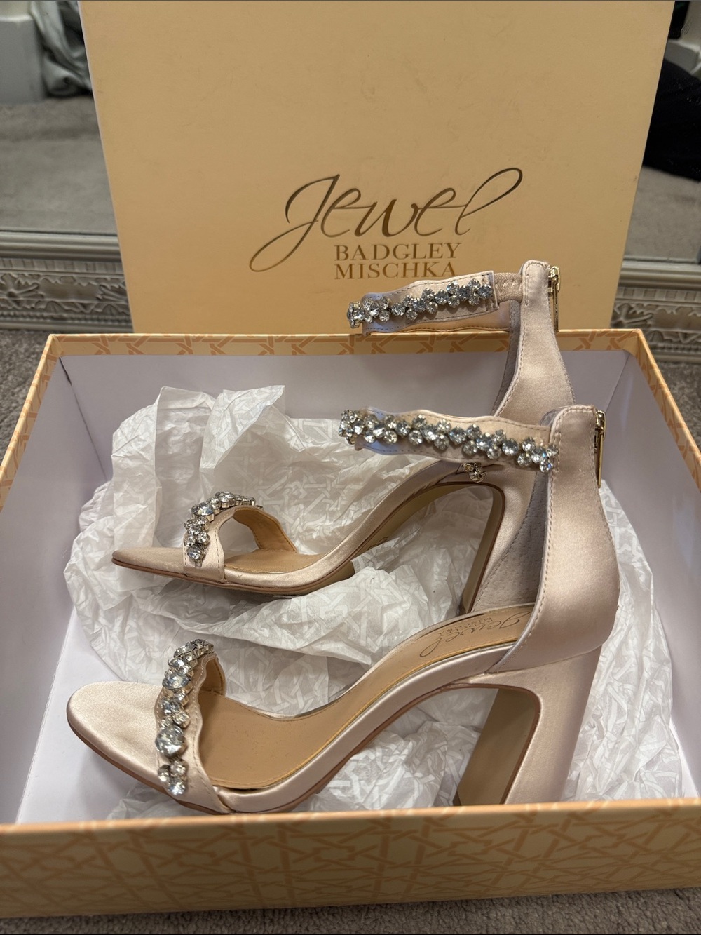 Badgley Mischka Champagne Satin Crystal-Strap Block Heels